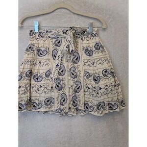 Angie Mini Skirt Women's XS Cream Blue Paisley Tiered Button Front Tie Waist